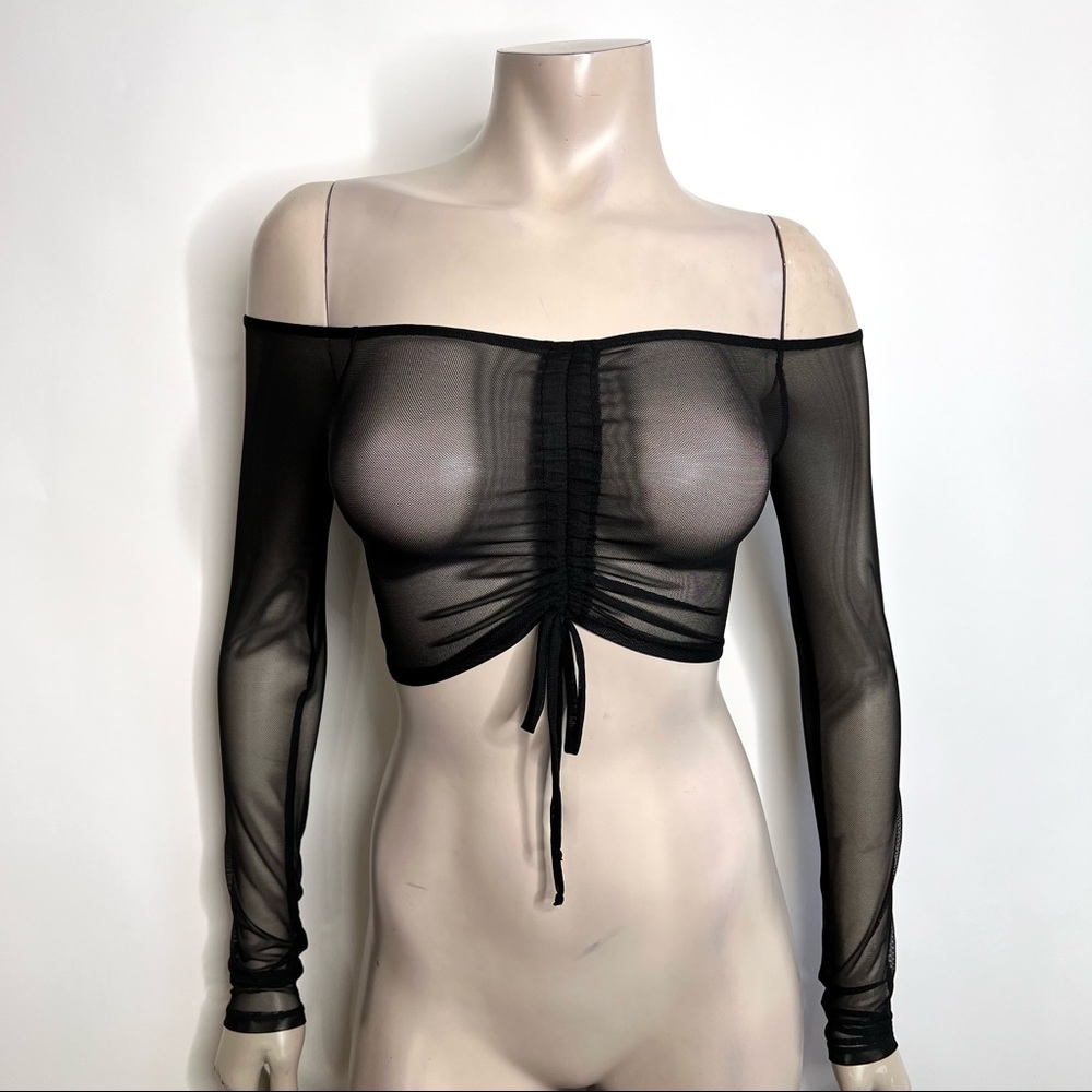 SOLD Fashion Nova Black Off Shoulder Mesh Long Sleeve Crop Top - Picture 2 of 8